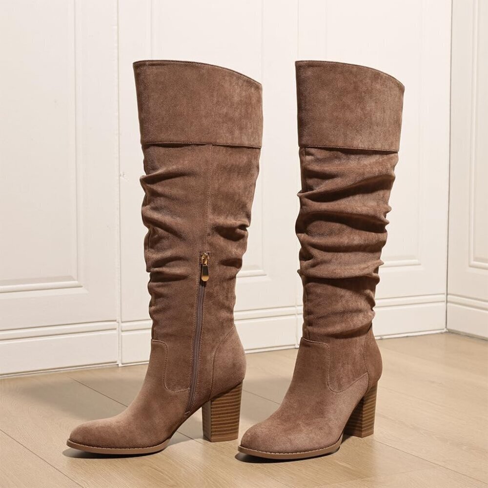Suede Knee-High Boots Women Chunky High Heel Western Slip-On Winter - Picture 5 of 6